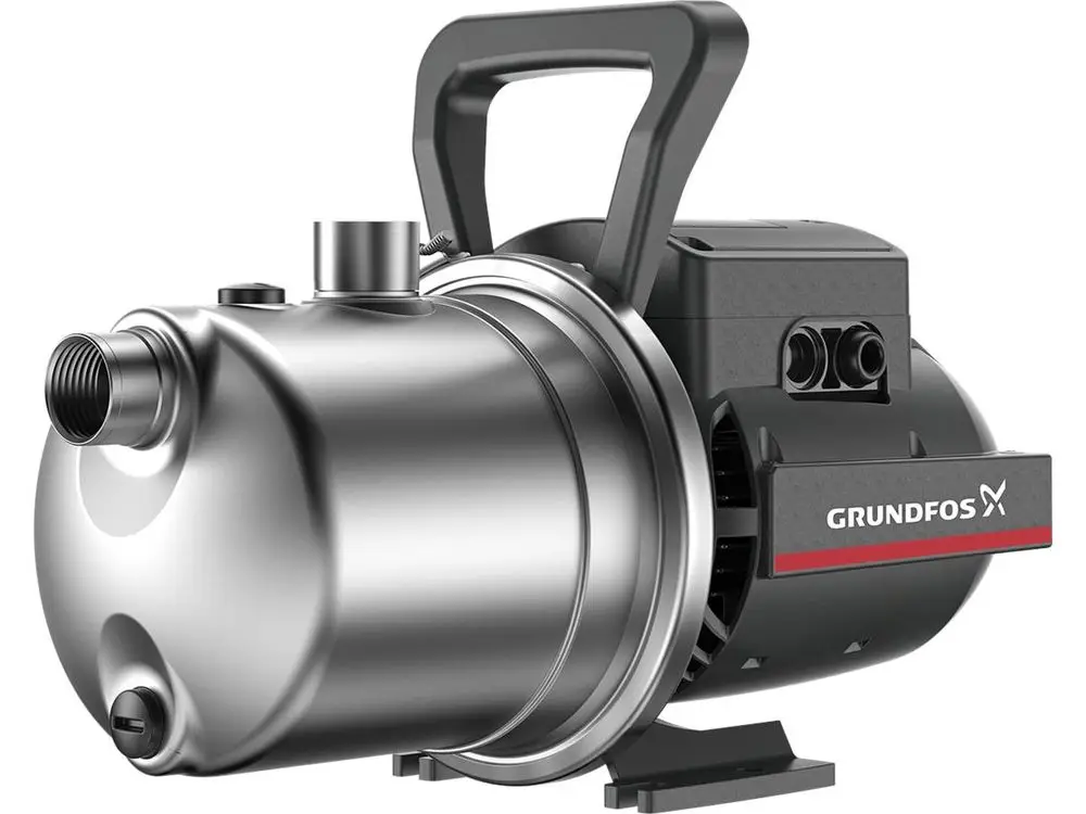 Druckerhöhungsanlage von Grundfos mit einer runden, metallischen Pumpe, Griff für Transport und mehreren Anschlussmöglichkeiten an der Vorderseite.